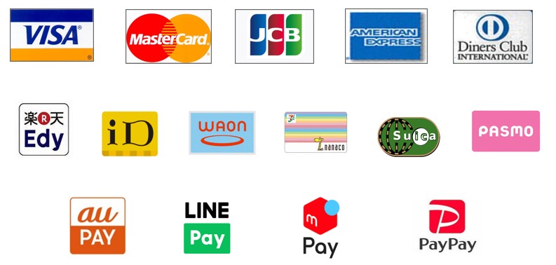 決済方法(VISA,MasterCard,JCB,AmericanExpress, Diners Club, 楽天Eby,iD,WAON, nanaco, Suica, PASMO, auPAY, LINEPay,メルPay,PayPay)